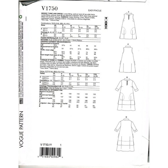 Vogue V1750 Misses XS to M Dress and Tunic Marcy Tilton UNCUT Sewing Pattern - Picture 2 of 2